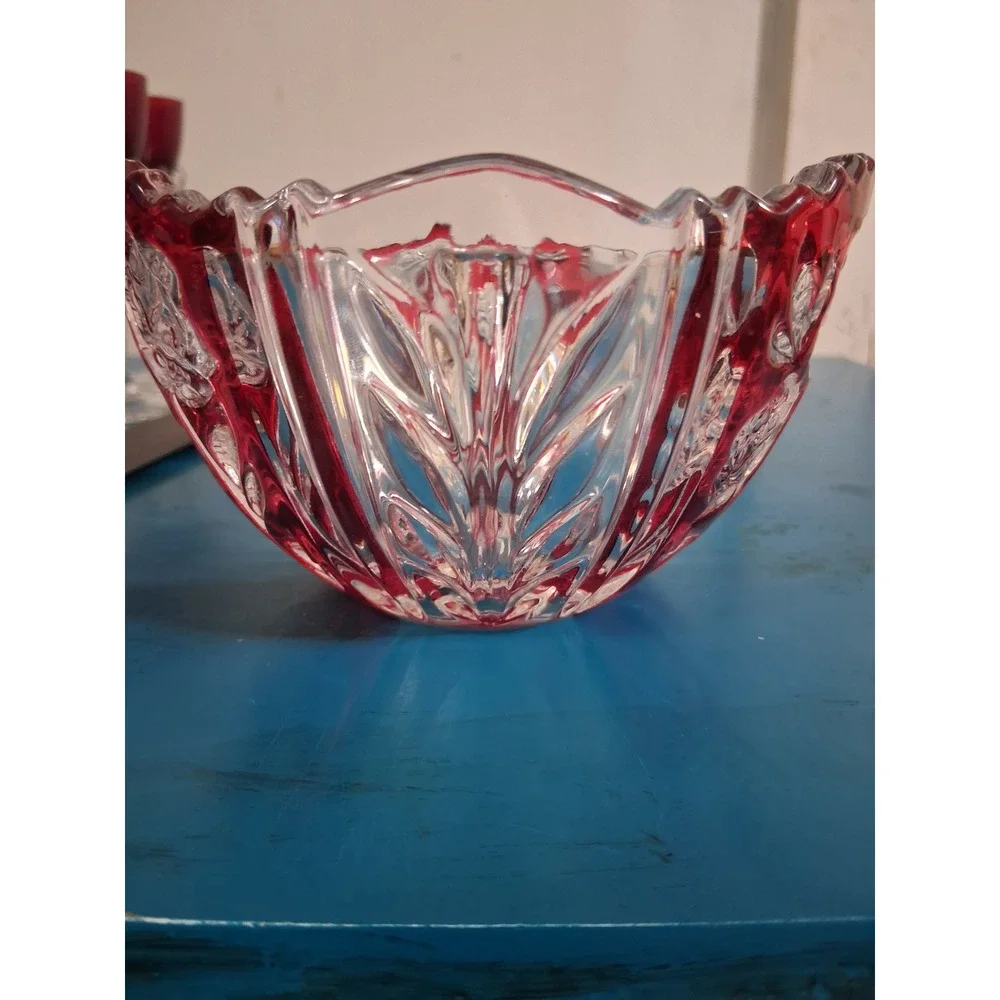 Vintage Ruby Red Flash Crystal Bowl Frosted Rose Floral Scalloped Rim 5.75in